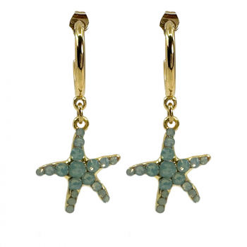 Ekaterini earrings starfish, lightblue Swarovski crystals brown cord and with gold accents